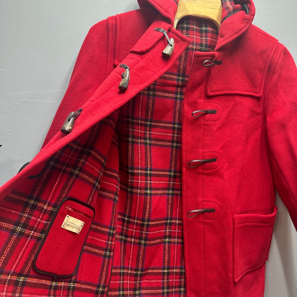 John Partridge Red Wool Duffle Coat 44 Toggle Hooded Plaid Lined UK Heritage
